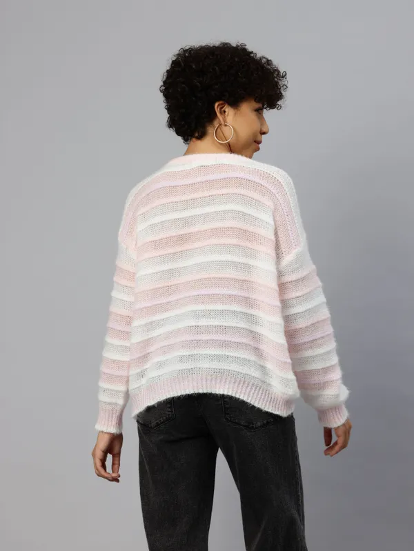 Pink_Striped_Knit_Sweater_For_Women