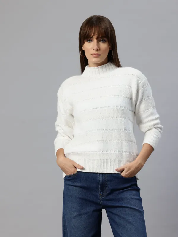 White_Striped_Knit_Sweater_For_Women