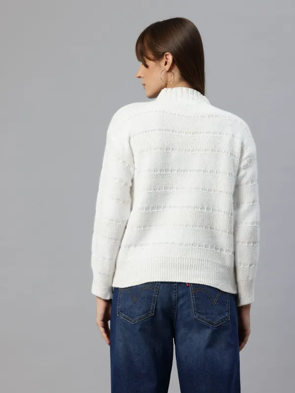 White_Striped_Knit_Sweater_For_Women