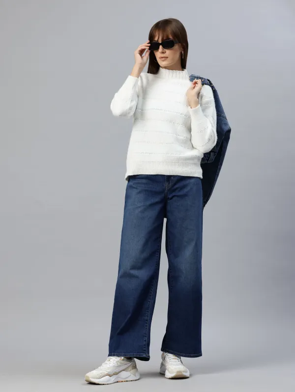 White_Striped_Knit_Sweater_For_Women