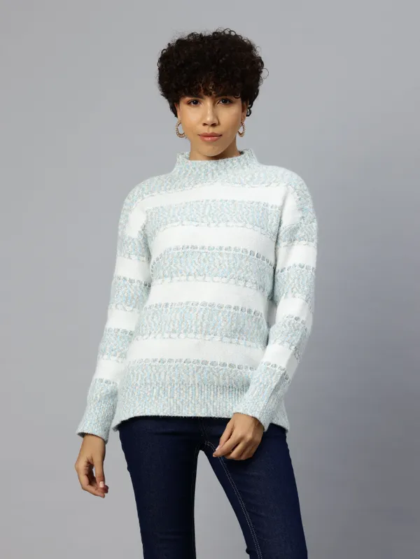Light_Blue_Striped_Knit_Sweater_For_Women