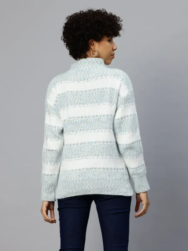 Light_Blue_Striped_Knit_Sweater_For_Women
