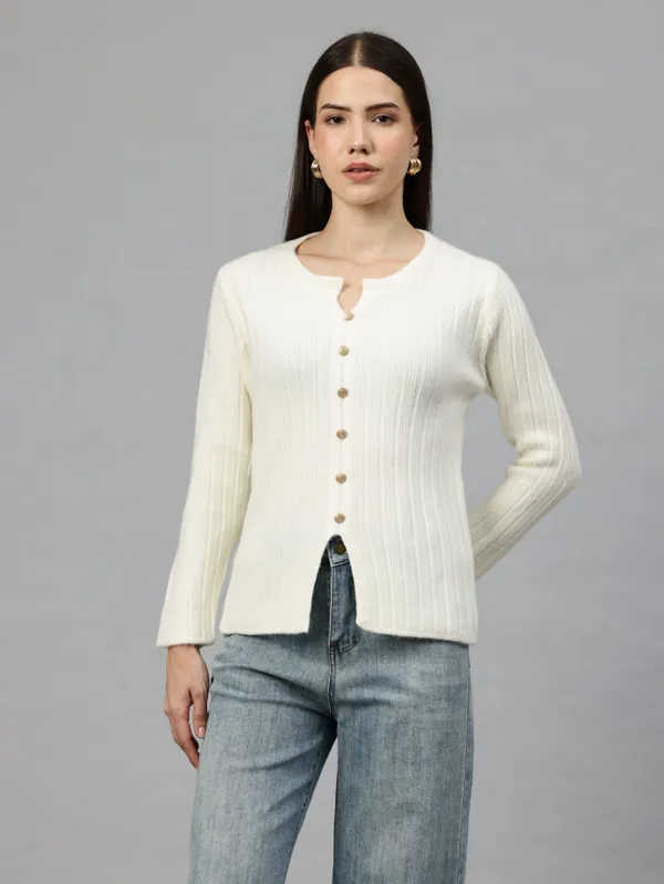 White_Striped_Knit_Sweater_For_Women