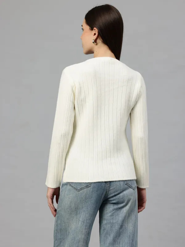 White_Striped_Knit_Sweater_For_Women