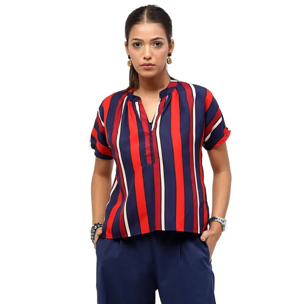 Red_Polyester_Striped_Top_For_Women