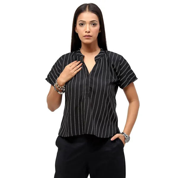 Black_Polyester_Striped_Top_For_Women