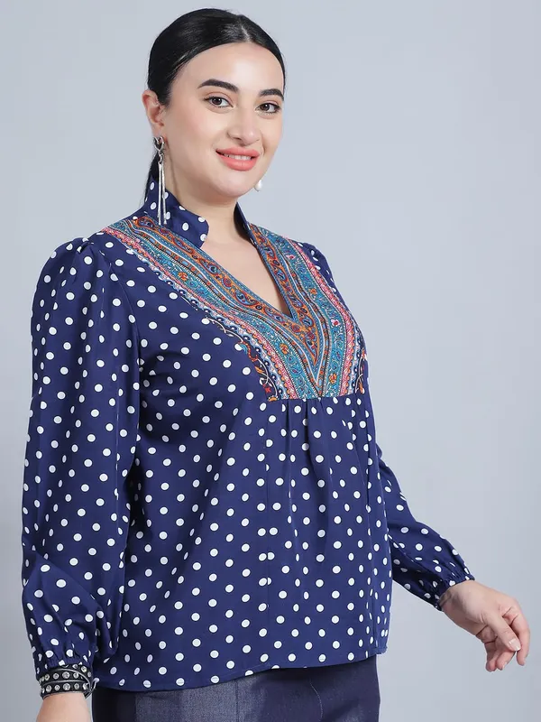 Blue_Polyester_Polka_Dots_Top_For_Women