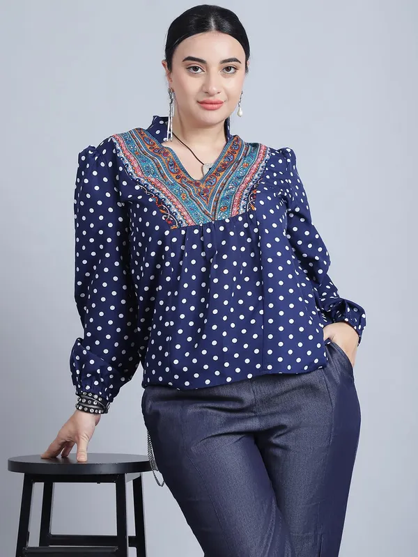 Blue_Polyester_Polka_Dots_Top_For_Women