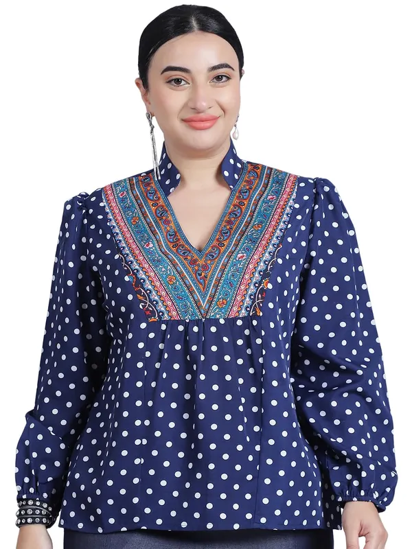 Blue_Polyester_Polka_Dots_Top_For_Women