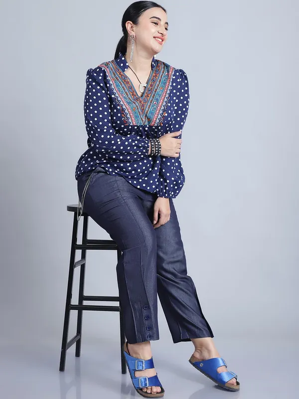 Blue_Polyester_Polka_Dots_Top_For_Women