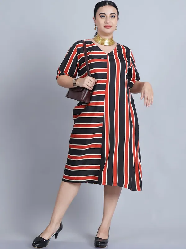 Rust_Polyester_Striped_Dress_For_Women