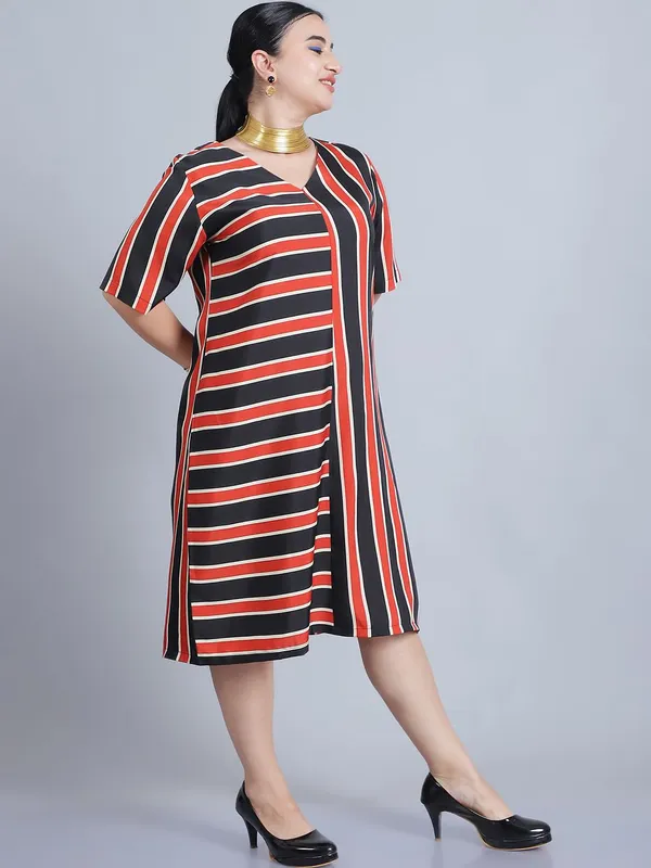 Rust_Polyester_Striped_Dress_For_Women