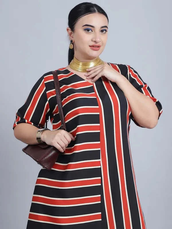 Rust_Polyester_Striped_Dress_For_Women