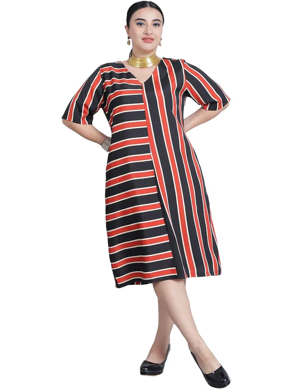 Rust_Polyester_Striped_Dress_For_Women
