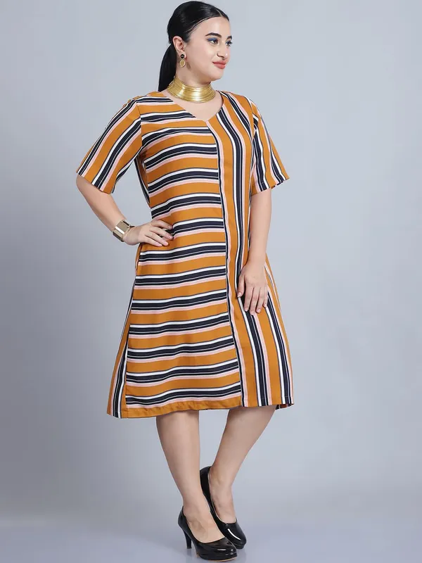 Mustard_Polyester_Striped_Dress_For_Women