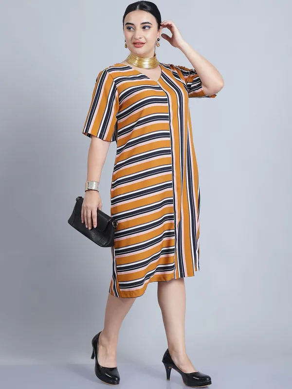 Mustard_Polyester_Striped_Dress_For_Women