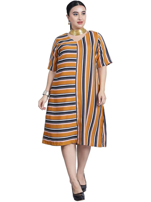 Mustard_Polyester_Striped_Dress_For_Women