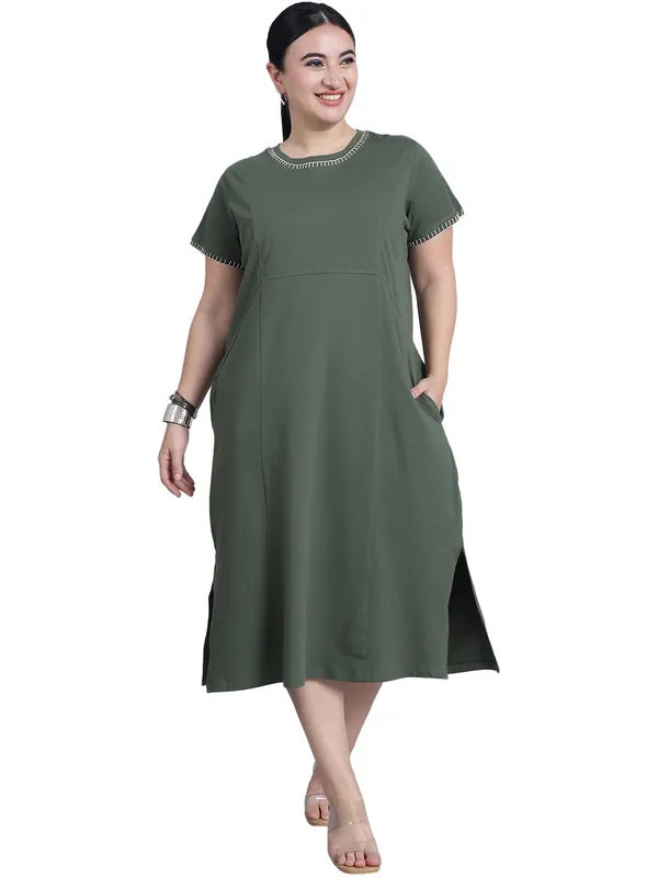 Olive_Cotton_Blend_Solid_Dress_For_Women