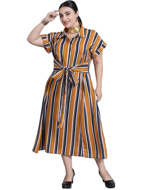 Mustard_Polyester_Striped_Dress_For_Women