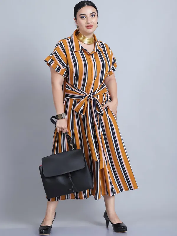 Mustard_Polyester_Striped_Dress_For_Women