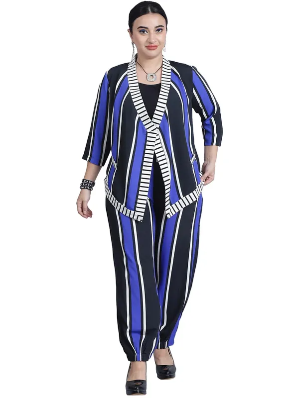 Blue_Polyester_Striped_Clothing_Set_For_Women