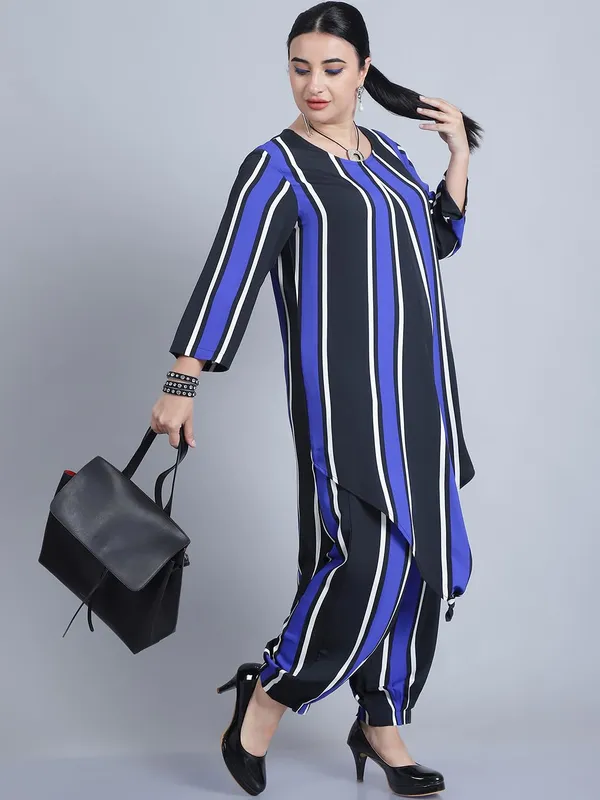 Blue_Polyester_Striped_Clothing_Set_For_Women