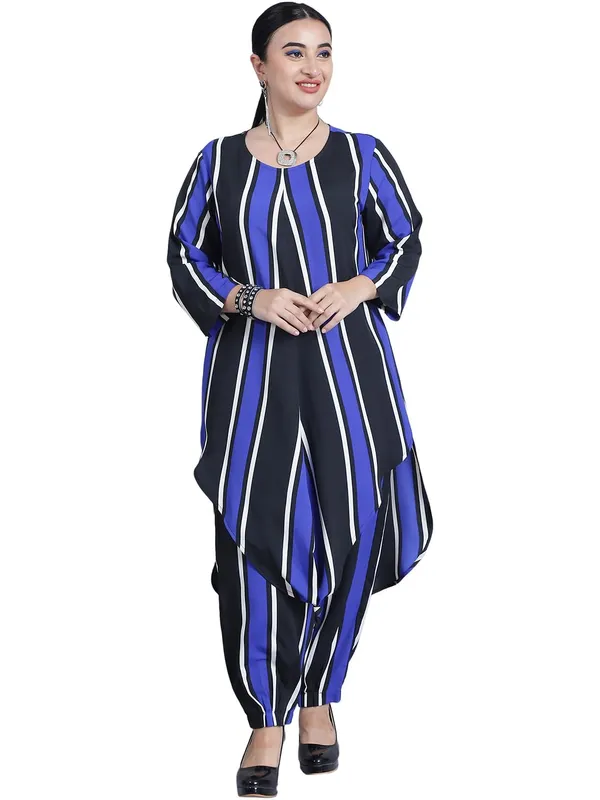 Blue_Polyester_Striped_Clothing_Set_For_Women