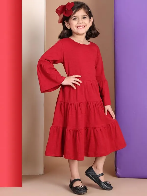Red_Cotton_Blend_Solid_Dress_For_Kids