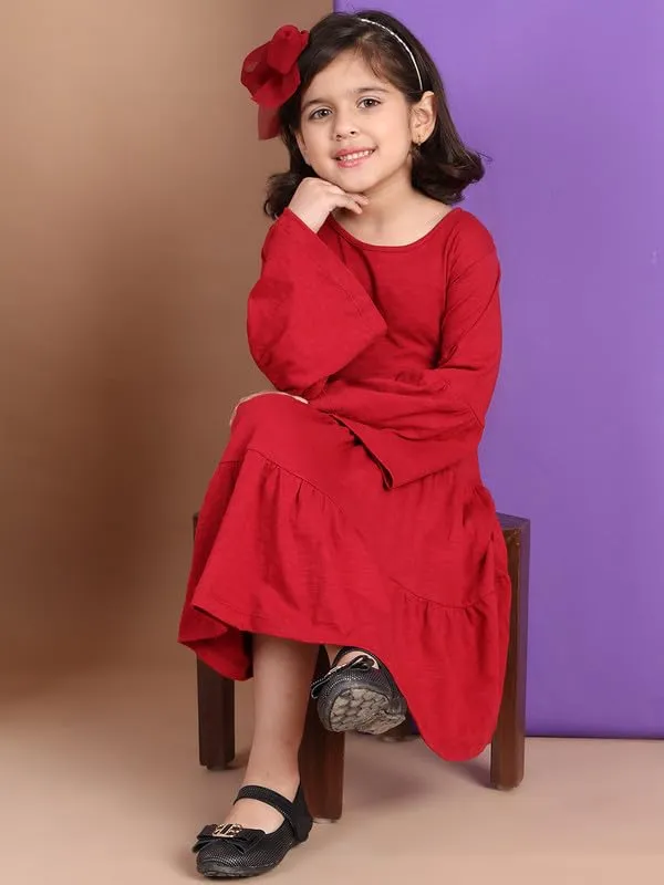 Red_Cotton_Blend_Solid_Dress_For_Kids