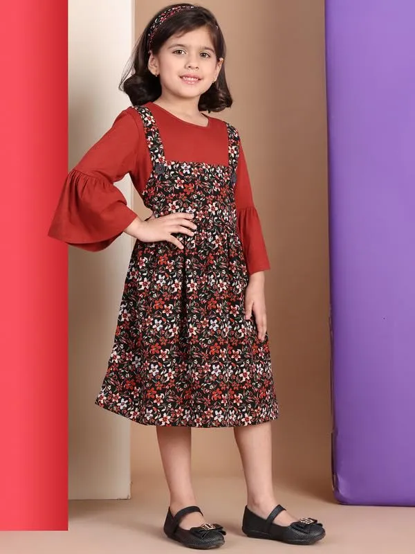 Rust_Cotton_Blend_Printed_Dress_For_Kids