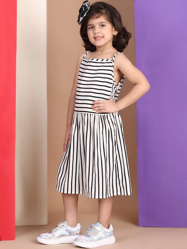 White_Polyester_Striped_Dress_For_Kids