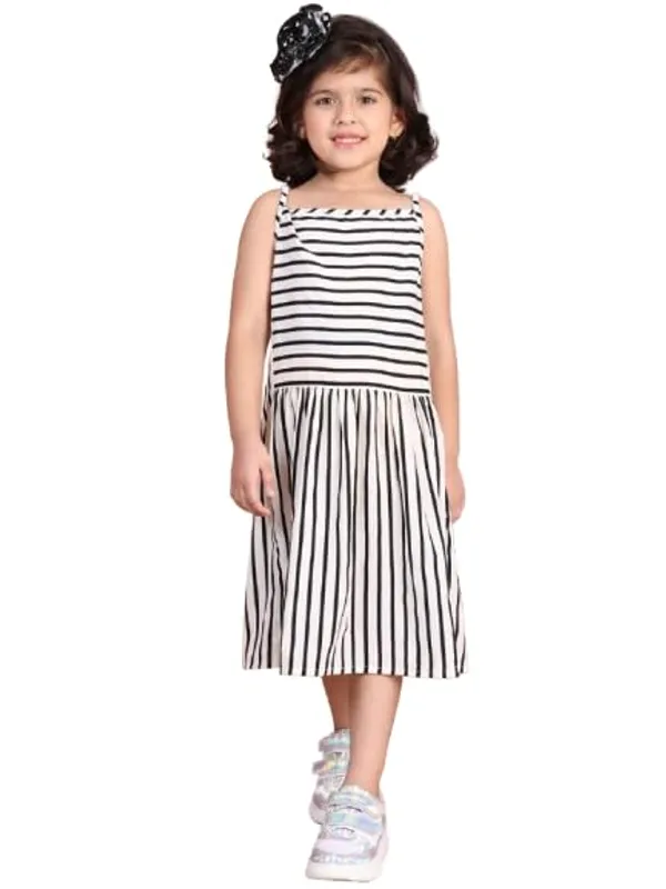 White_Polyester_Striped_Dress_For_Kids