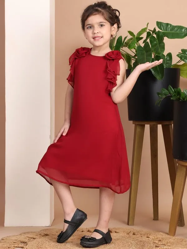 Maroon_Polyester_Blend_Solid_Dress_For_Kids