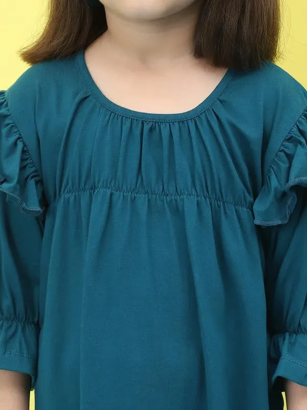 Teal_Cotton_Blend_Solid_Dress_For_Kids