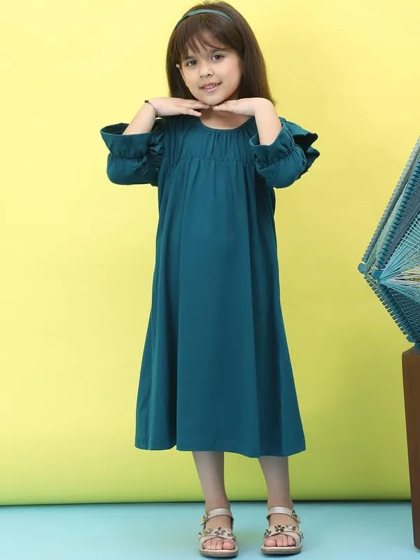 Teal_Cotton_Blend_Solid_Dress_For_Kids