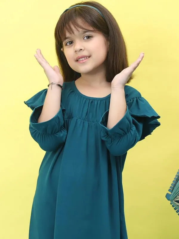 Teal_Cotton_Blend_Solid_Dress_For_Kids