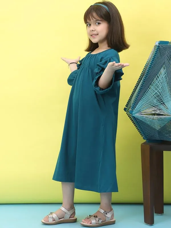 Teal_Cotton_Blend_Solid_Dress_For_Kids