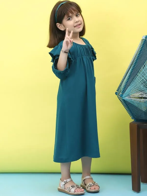 Teal_Cotton_Blend_Solid_Dress_For_Kids