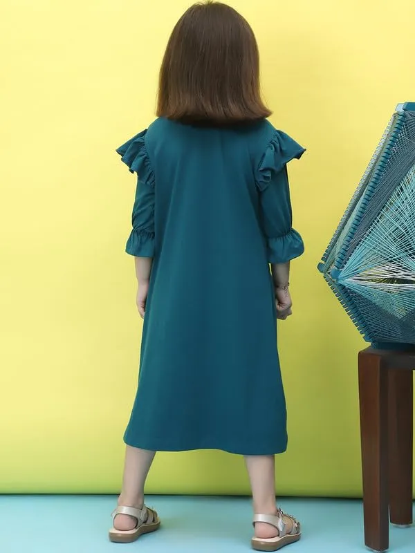 Teal_Cotton_Blend_Solid_Dress_For_Kids