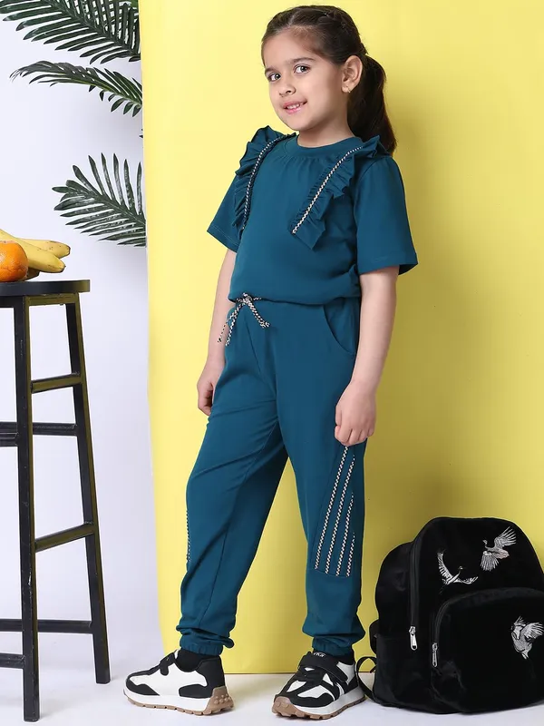 Teal_Cotton_Blend_Solid_Clothing_Set_For_Kids