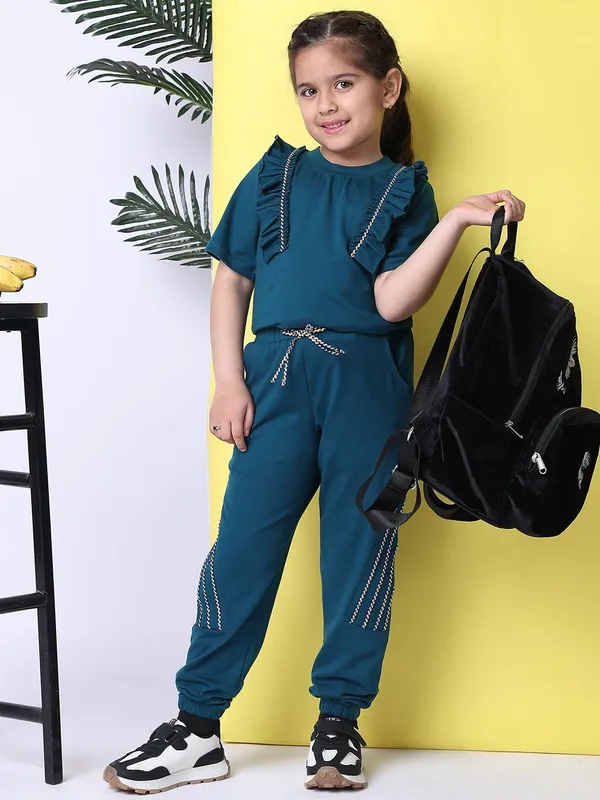 Teal_Cotton_Blend_Solid_Clothing_Set_For_Kids