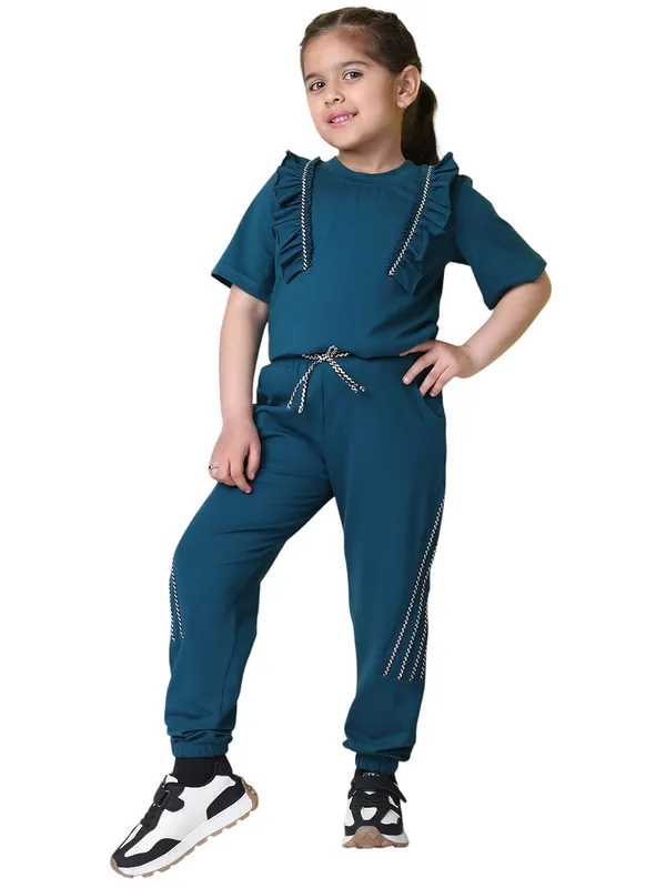 Teal_Cotton_Blend_Solid_Clothing_Set_For_Kids