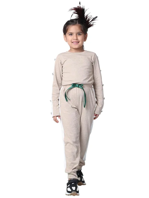 Beige_Melange_Cotton_Blend_Solid_Clothing_Set_For_Kids