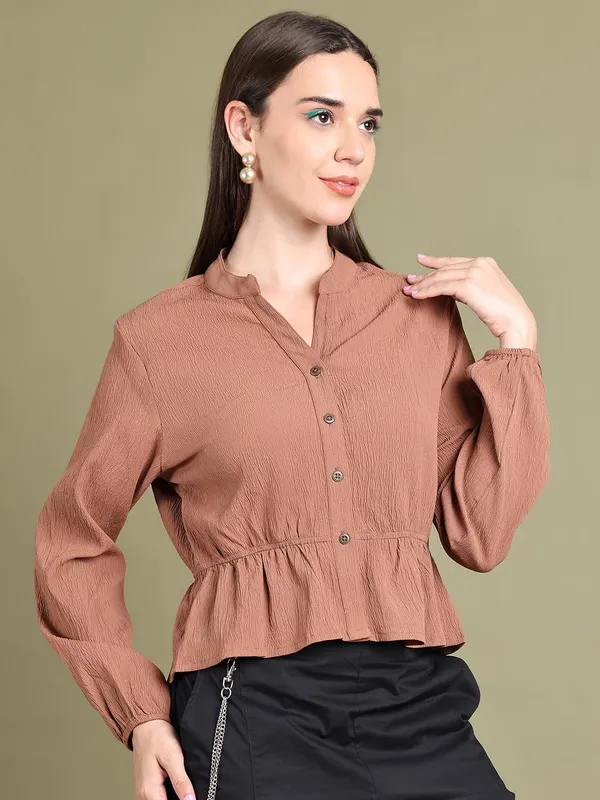 Beige_Polyester_Solid_Top_For_Women