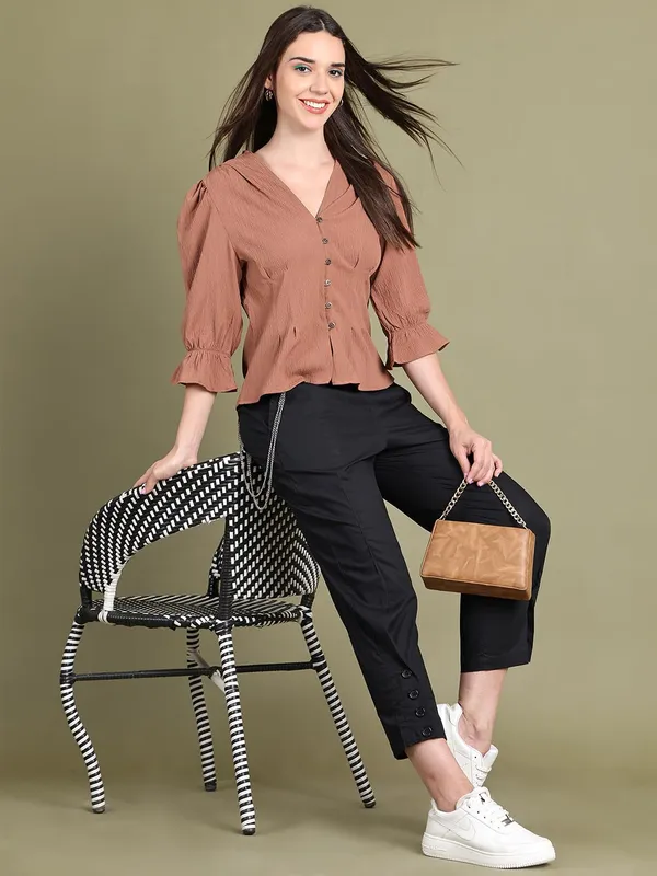 Beige_Polyester_Solid_Top_For_Women