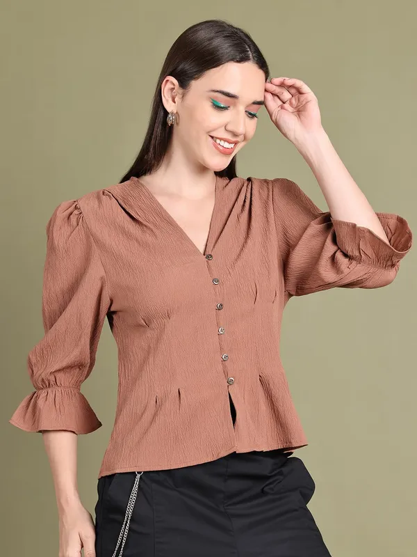 Beige_Polyester_Solid_Top_For_Women
