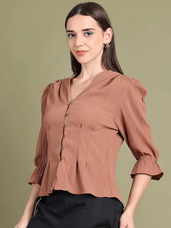 Beige_Polyester_Solid_Top_For_Women