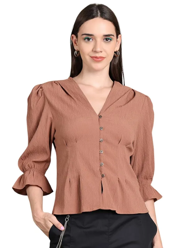 Beige_Polyester_Solid_Top_For_Women