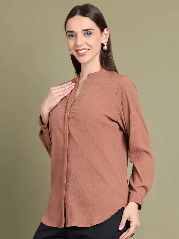 Beige_Polyester_Solid_Top_For_Women
