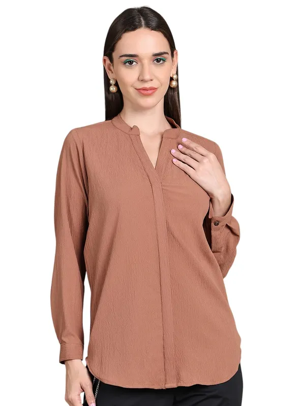 Beige_Polyester_Solid_Top_For_Women